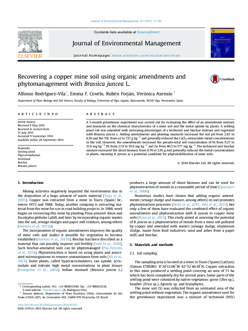 Recovering a copper mine soil using organic amendments and phytomanagement with Brassica juncea L.