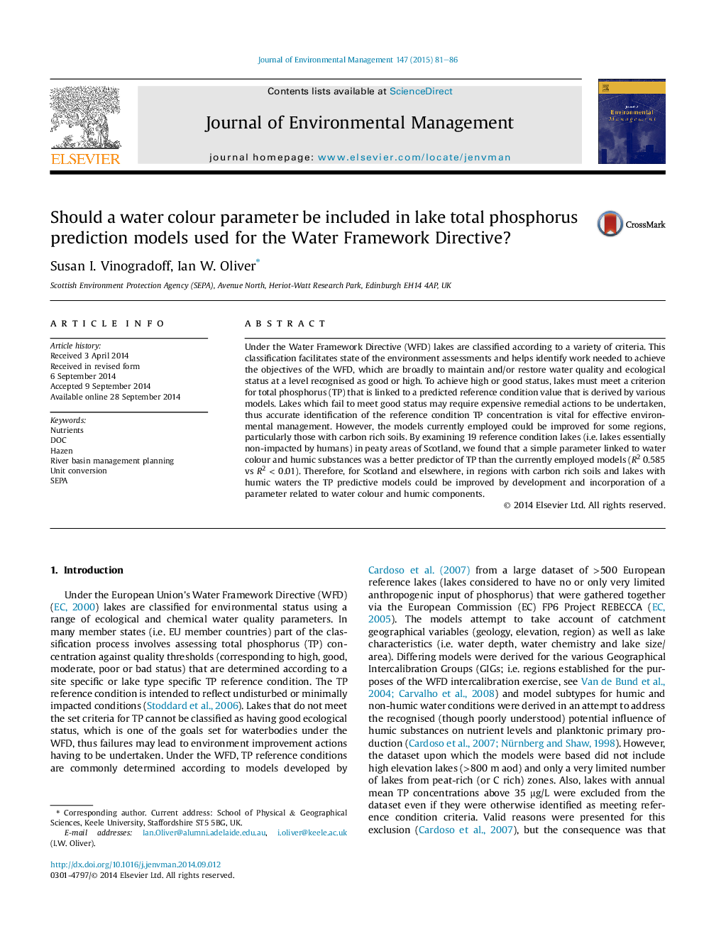 Should a water colour parameter be included in lake total phosphorus prediction models used for the Water Framework Directive?