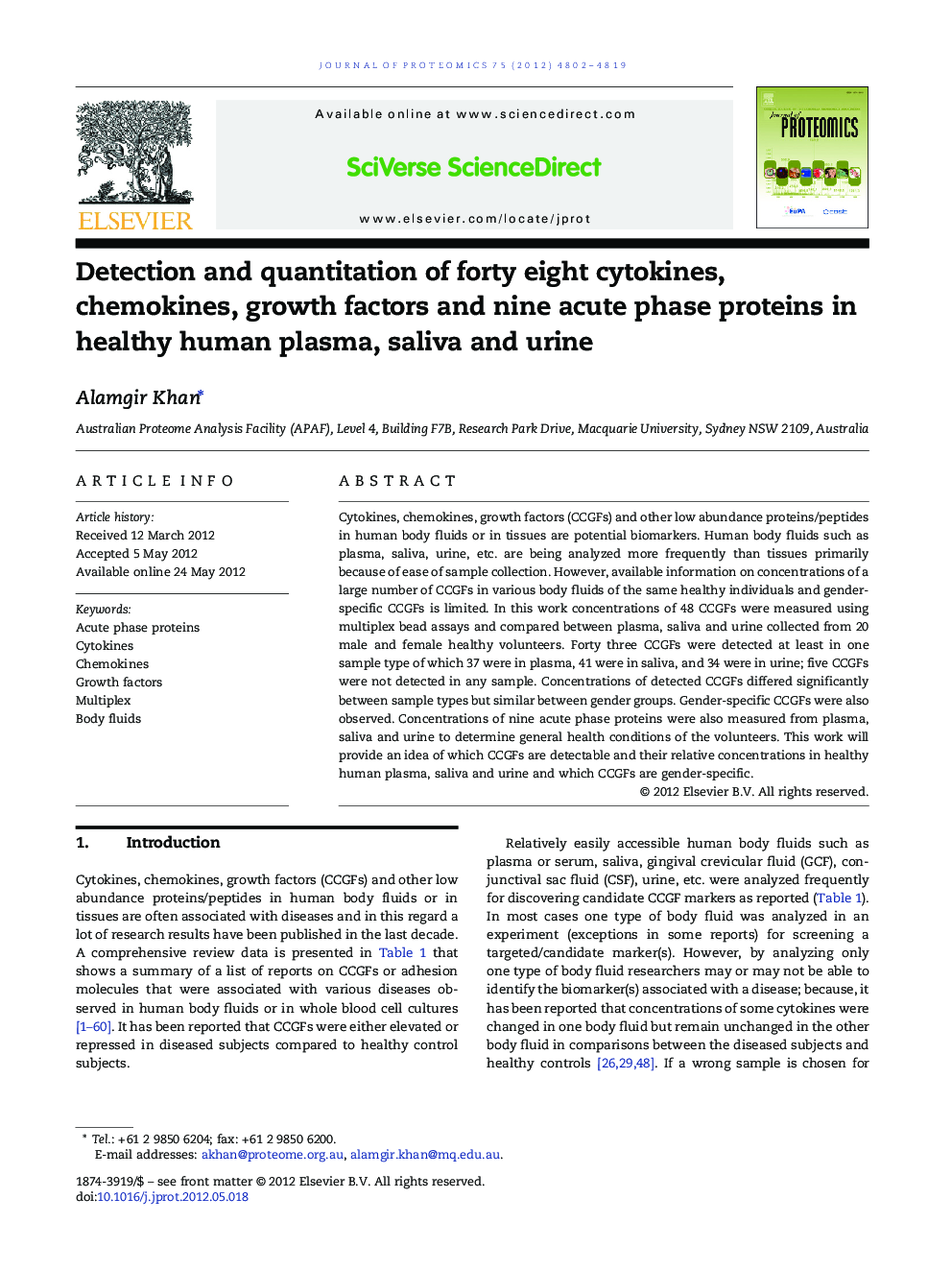 Detection and quantitation of forty eight cytokines, chemokines, growth factors and nine acute phase proteins in healthy human plasma, saliva and urine