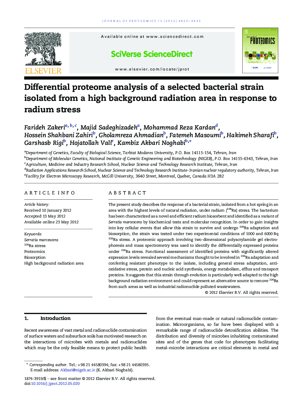 Differential proteome analysis of a selected bacterial strain isolated from a high background radiation area in response to radium stress