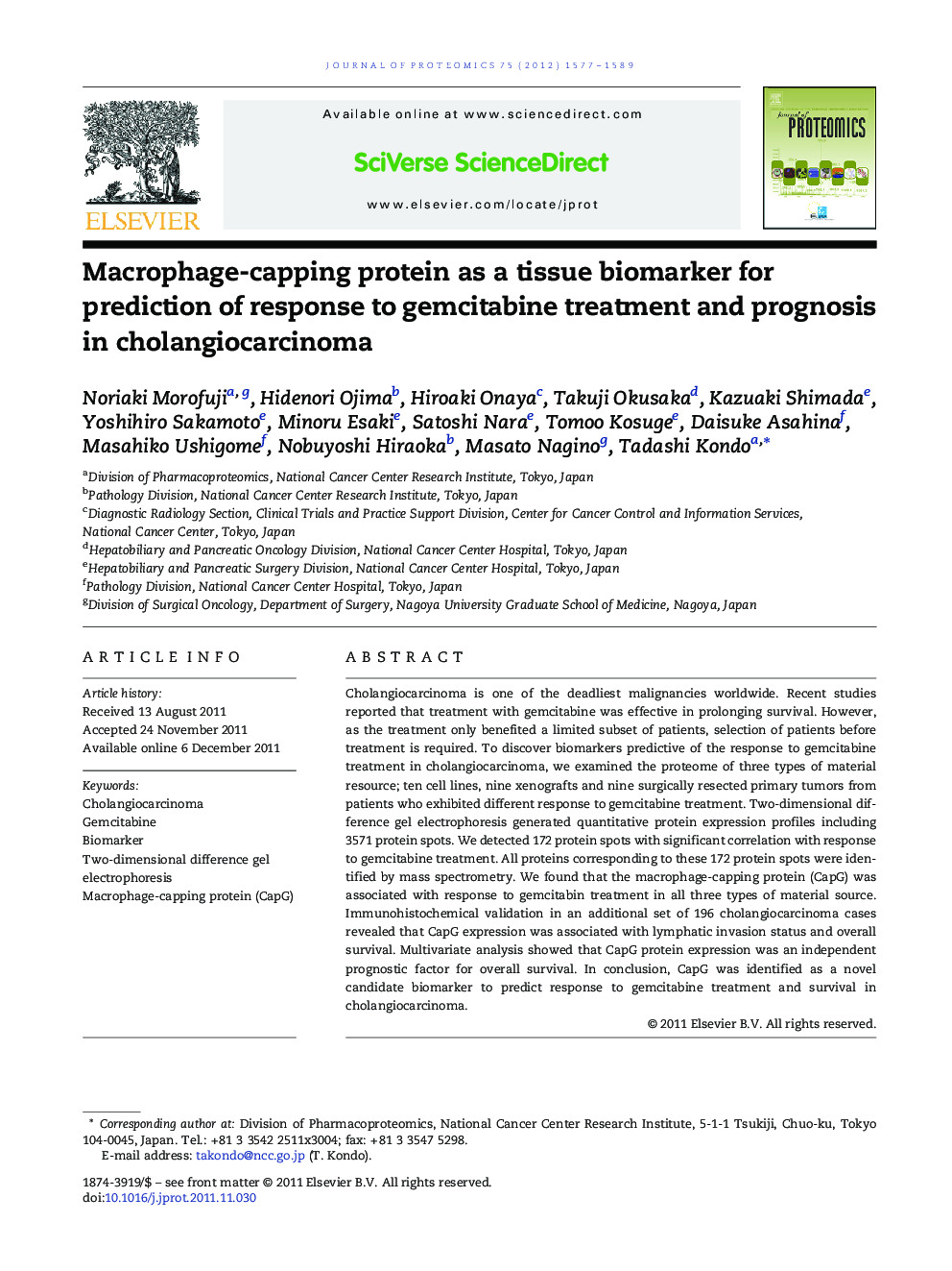 Macrophage-capping protein as a tissue biomarker for prediction of response to gemcitabine treatment and prognosis in cholangiocarcinoma