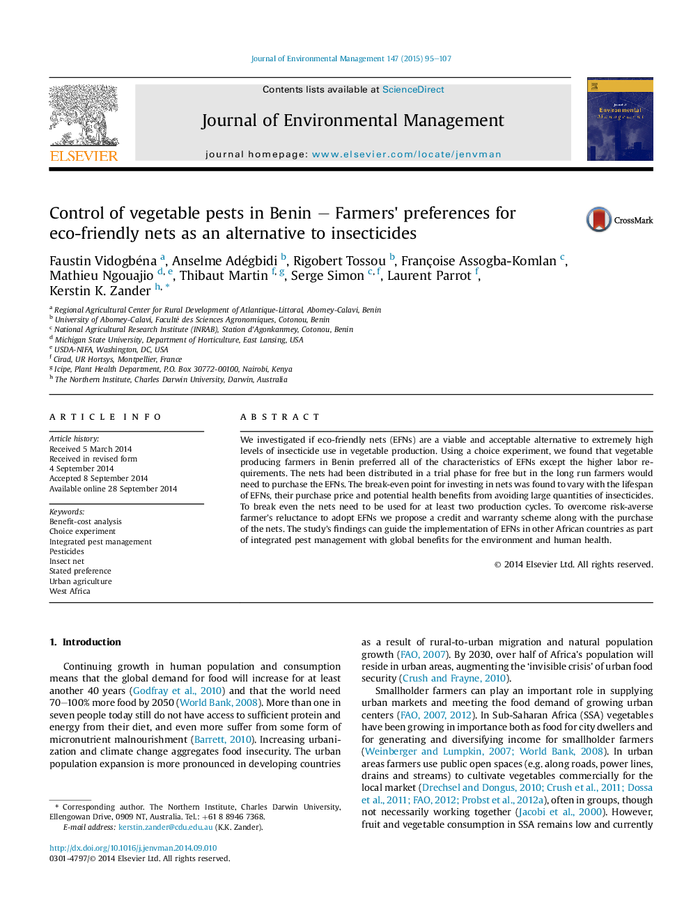 Control of vegetable pests in Benin – Farmers' preferences for eco-friendly nets as an alternative to insecticides