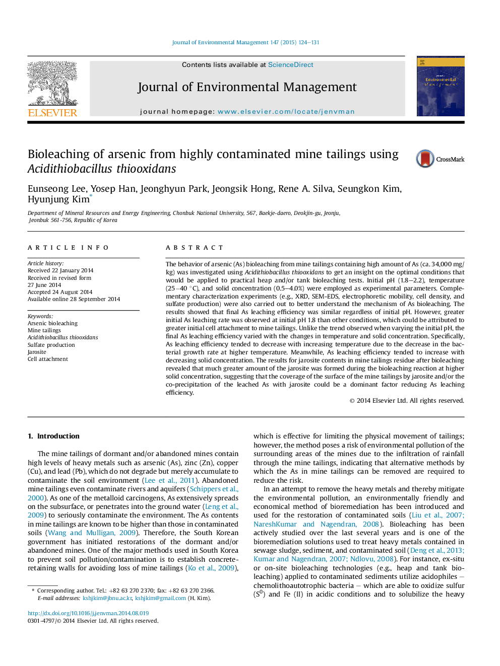 Bioleaching of arsenic from highly contaminated mine tailings using Acidithiobacillus thiooxidans