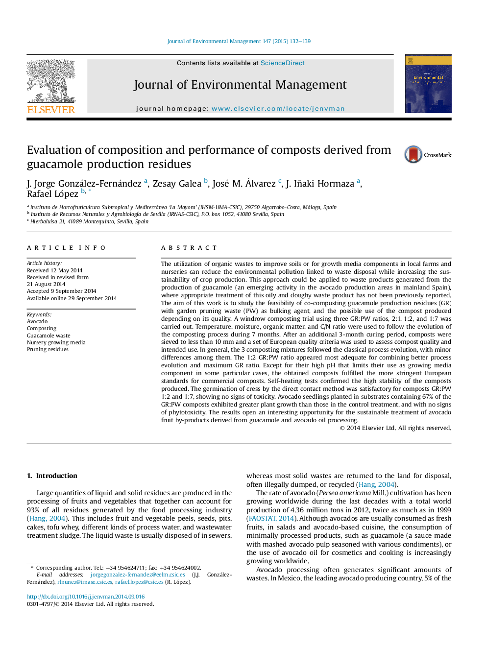 Evaluation of composition and performance of composts derived from guacamole production residues