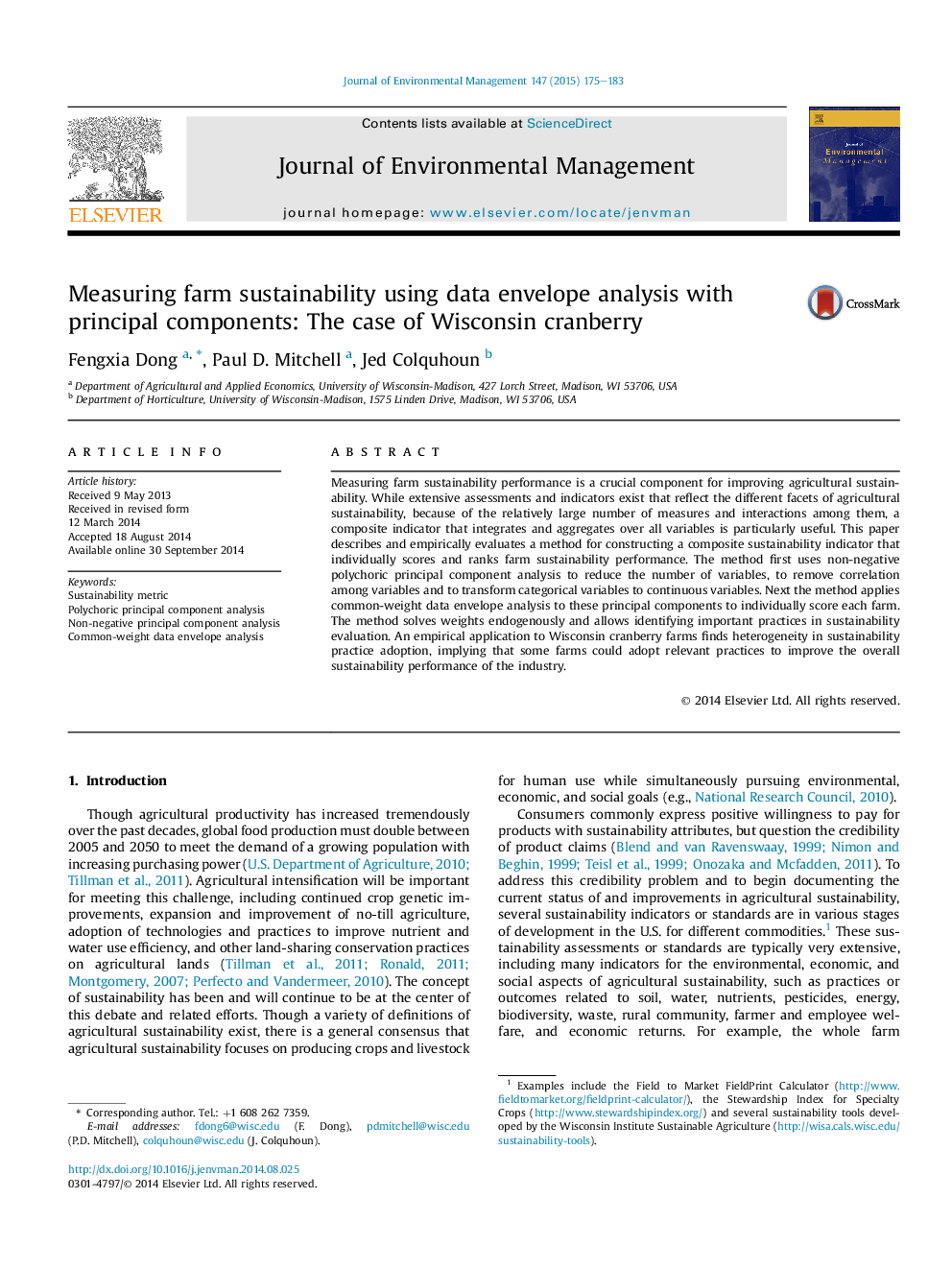 Measuring farm sustainability using data envelope analysis with principal components: The case of Wisconsin cranberry