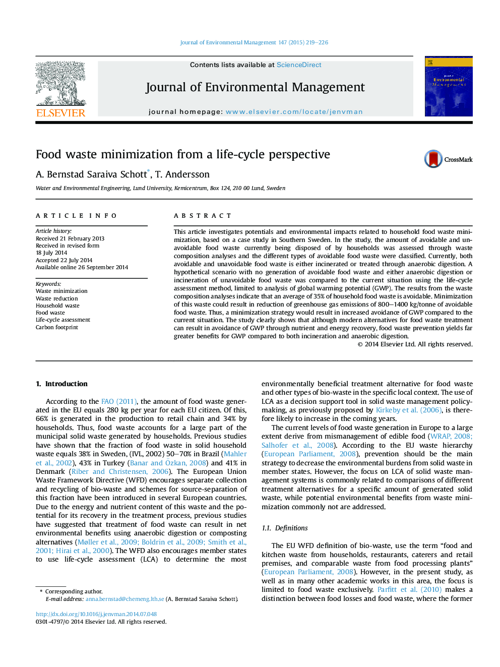 Food waste minimization from a life-cycle perspective