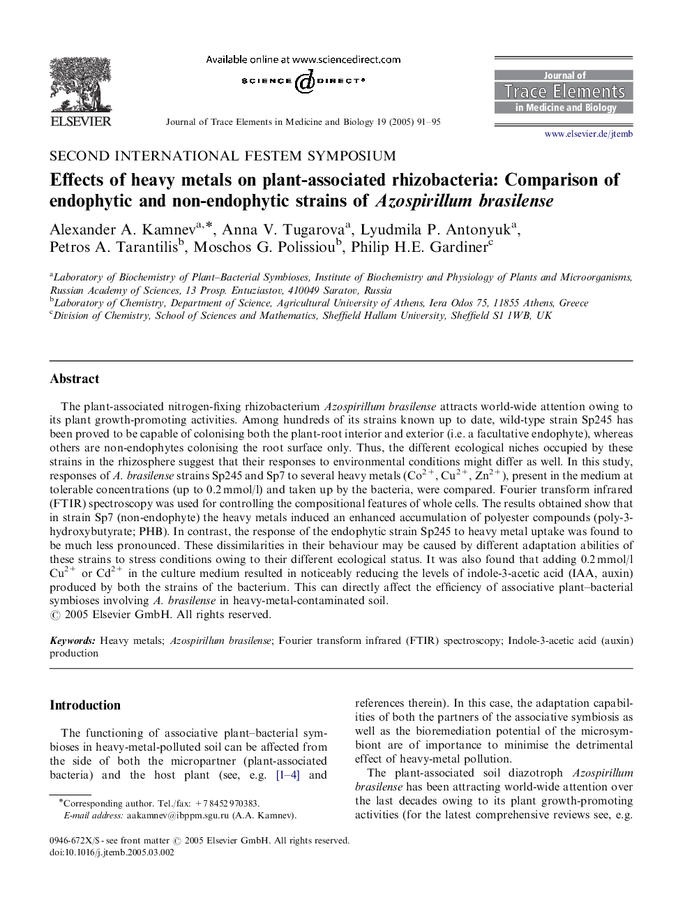 Effects of heavy metals on plant-associated rhizobacteria: Comparison of endophytic and non-endophytic strains of Azospirillum brasilense