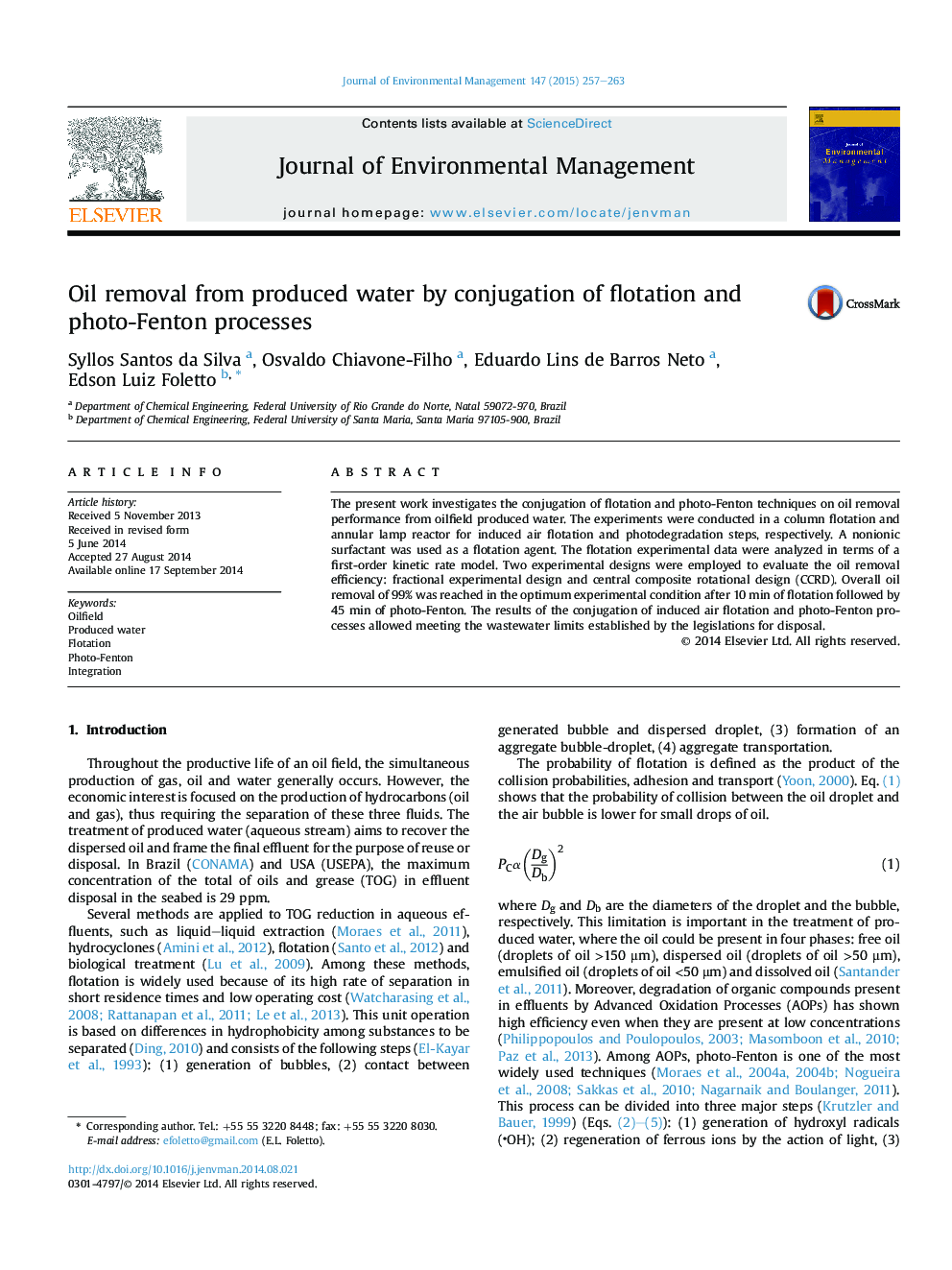 Oil removal from produced water by conjugation of flotation and photo-Fenton processes