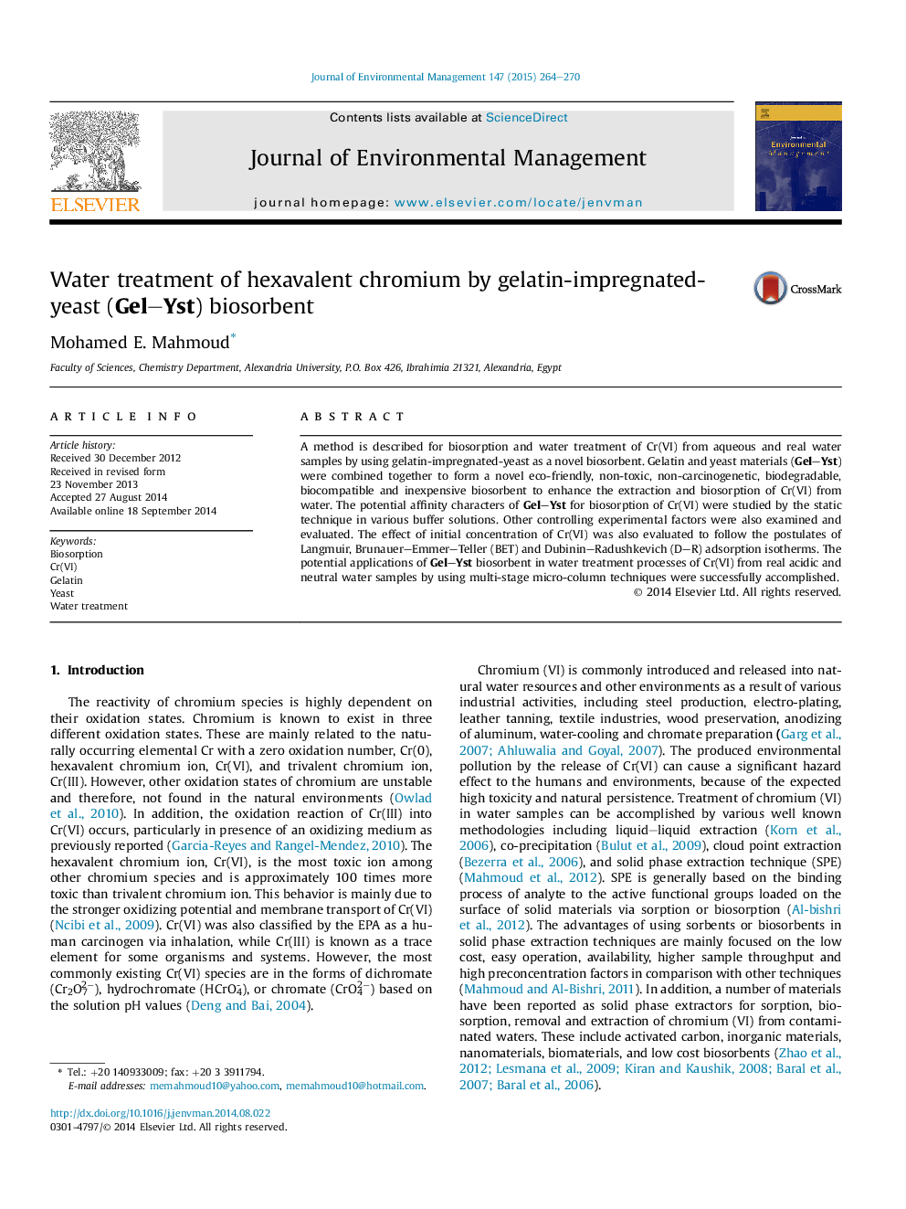 Water treatment of hexavalent chromium by gelatin-impregnated-yeast (Gel–Yst) biosorbent