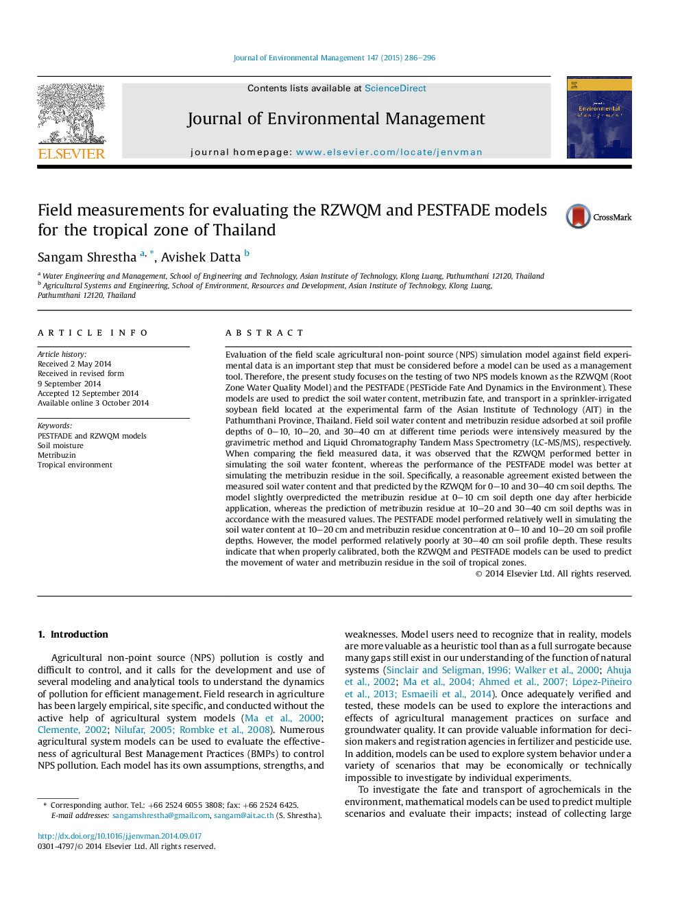 Field measurements for evaluating the RZWQM and PESTFADE models for the tropical zone of Thailand