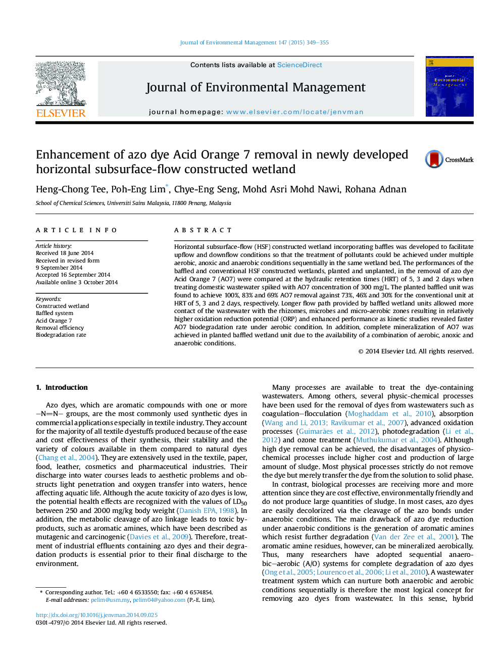 Enhancement of azo dye Acid Orange 7 removal in newly developed horizontal subsurface-flow constructed wetland