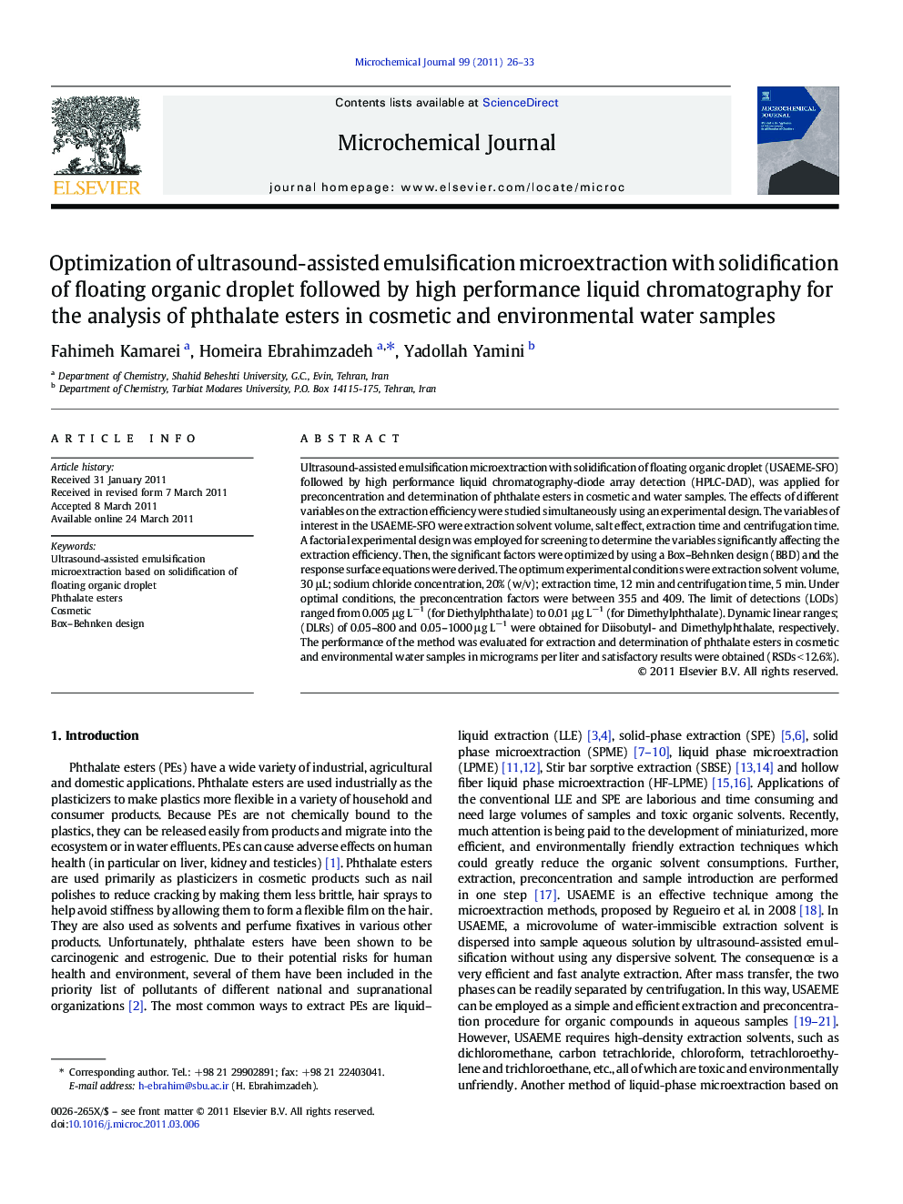 Optimization of ultrasound-assisted emulsification microextraction with solidification of floating organic droplet followed by high performance liquid chromatography for the analysis of phthalate esters in cosmetic and environmental water samples