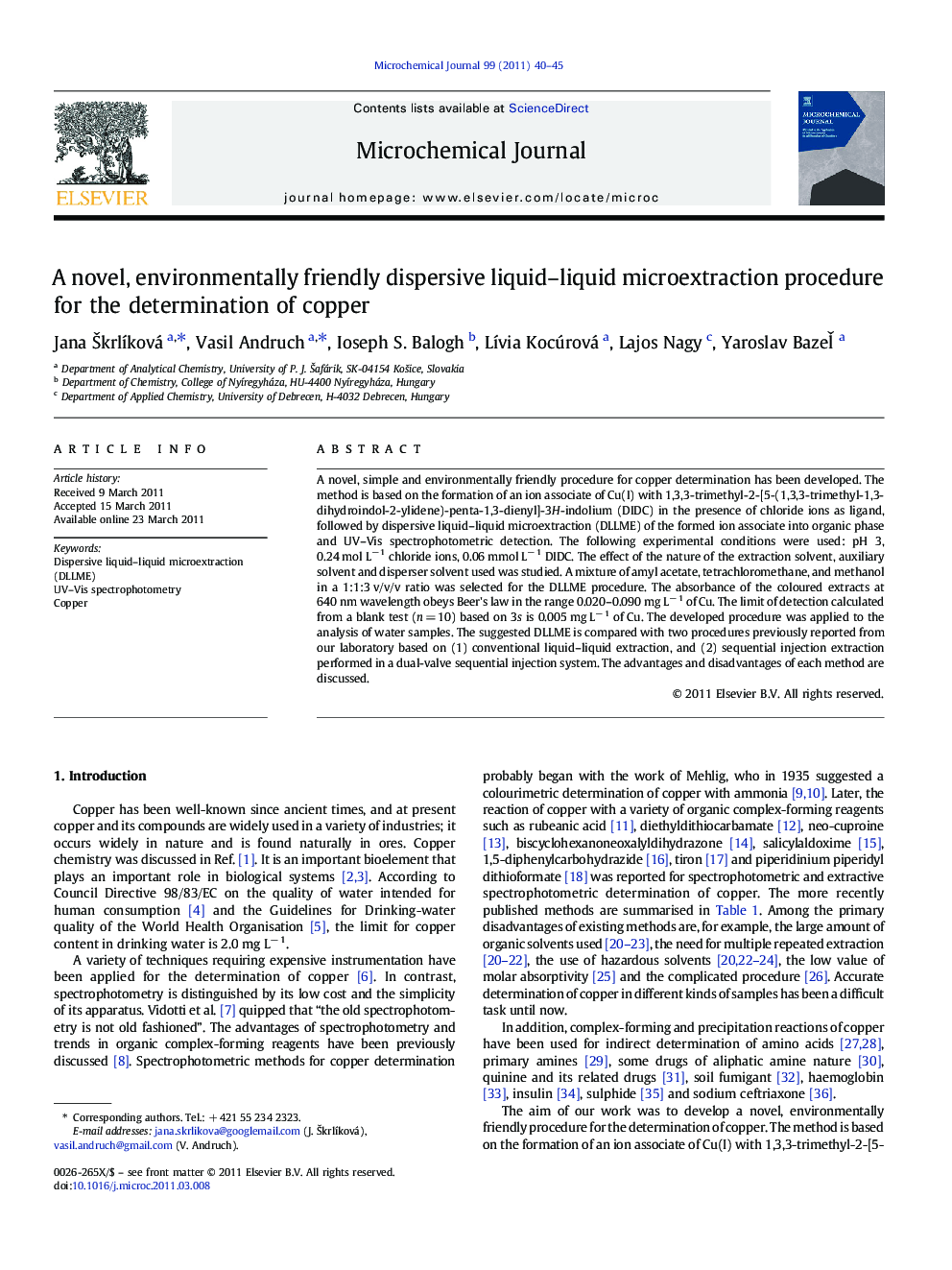 A novel, environmentally friendly dispersive liquid-liquid microextraction procedure for the determination of copper