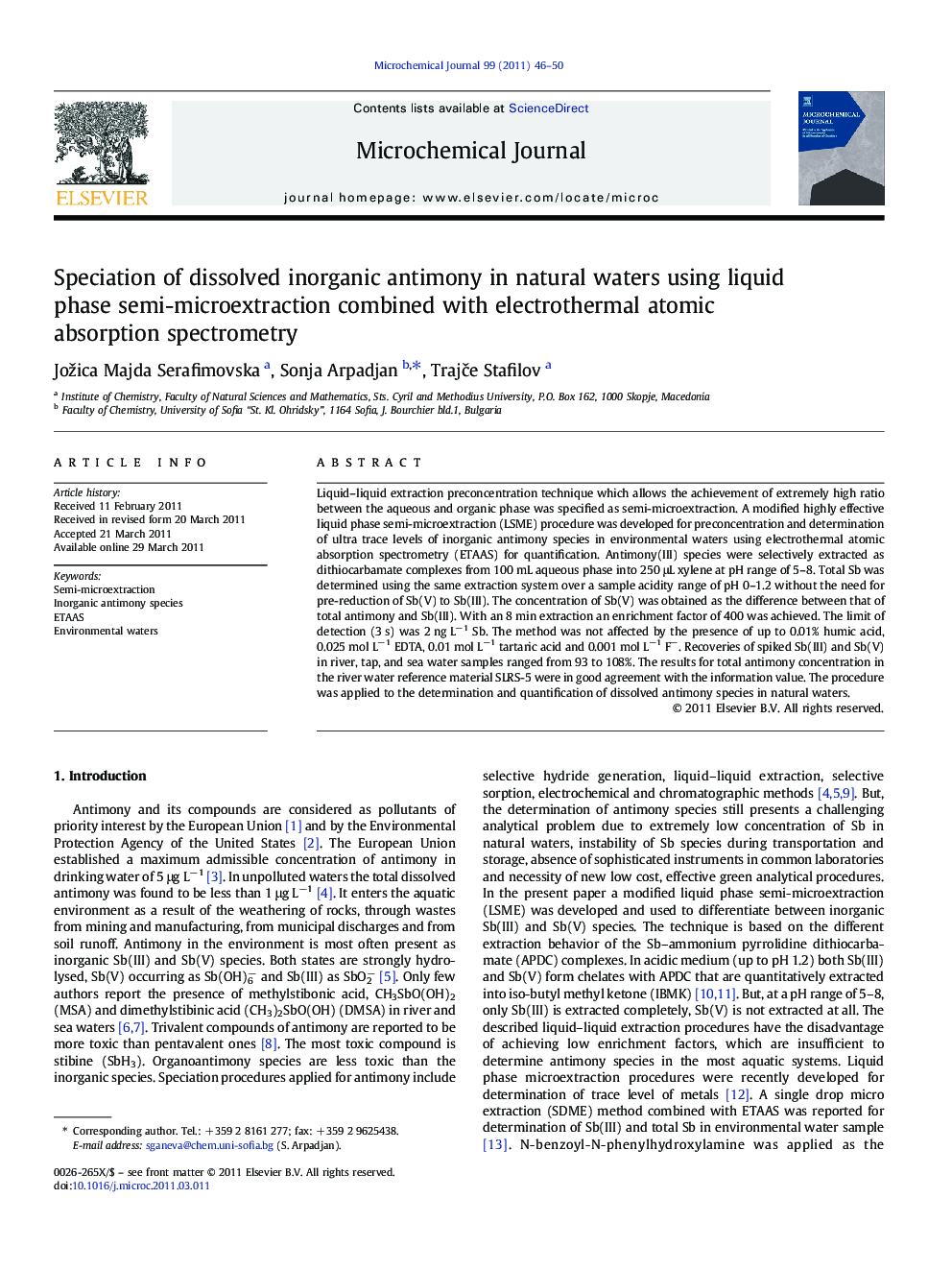 Speciation of dissolved inorganic antimony in natural waters using liquid phase semi-microextraction combined with electrothermal atomic absorption spectrometry