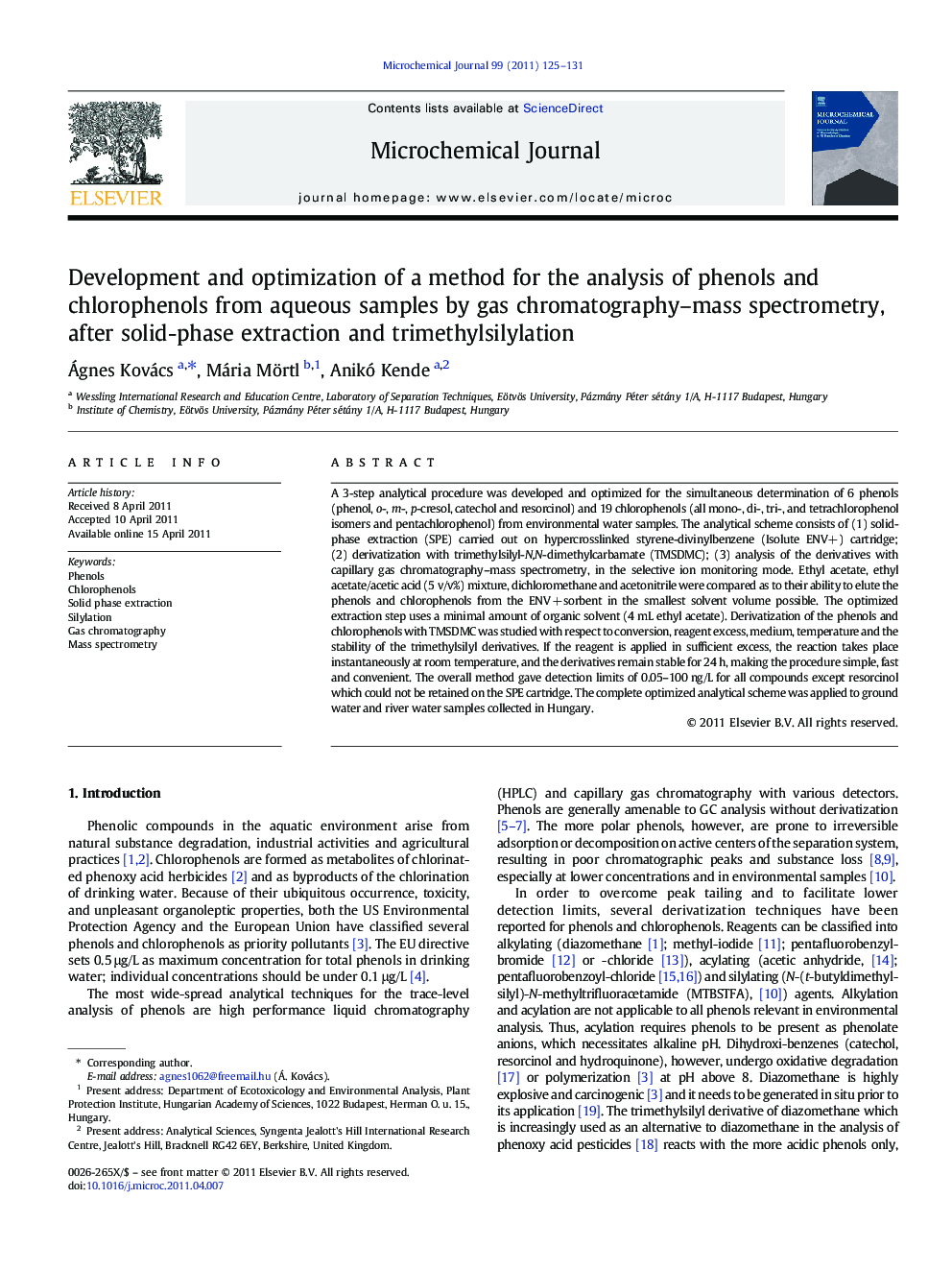 Development and optimization of a method for the analysis of phenols and chlorophenols from aqueous samples by gas chromatography-mass spectrometry, after solid-phase extraction and trimethylsilylation