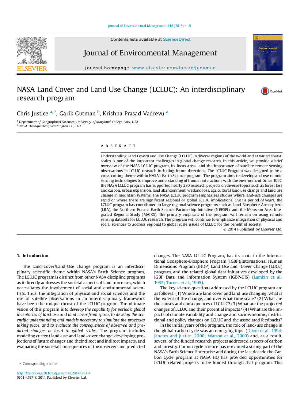 NASA Land Cover and Land Use Change (LCLUC): An interdisciplinary research program