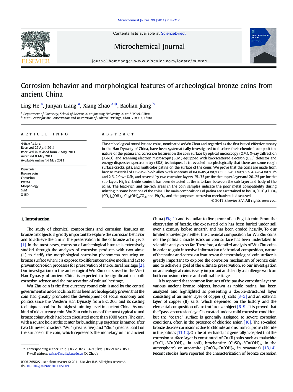 Corrosion behavior and morphological features of archeological bronze coins from ancient China