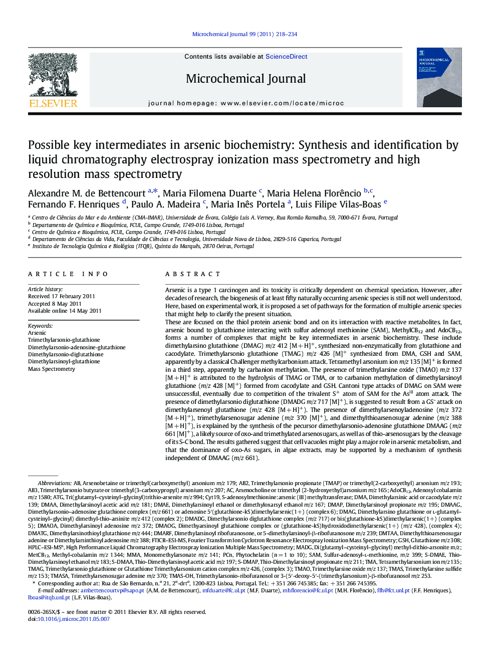 Possible key intermediates in arsenic biochemistry: Synthesis and identification by liquid chromatography electrospray ionization mass spectrometry and high resolution mass spectrometry