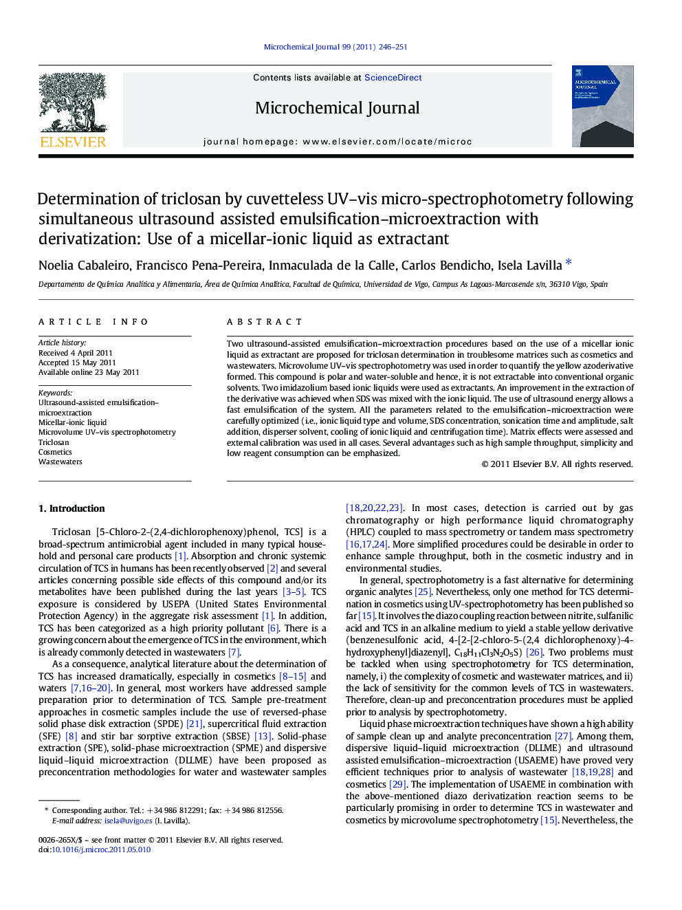 Determination of triclosan by cuvetteless UV-vis micro-spectrophotometry following simultaneous ultrasound assisted emulsification-microextraction with derivatization: Use of a micellar-ionic liquid as extractant