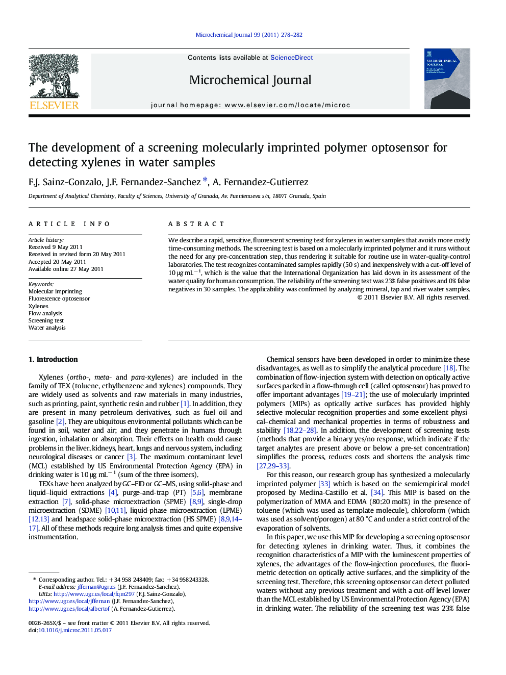 The development of a screening molecularly imprinted polymer optosensor for detecting xylenes in water samples