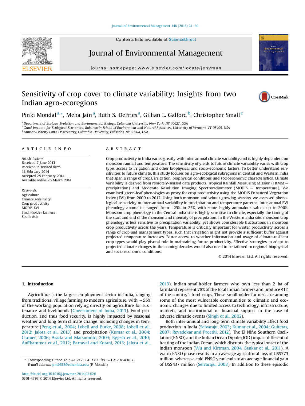 Sensitivity of crop cover to climate variability: Insights from two Indian agro-ecoregions