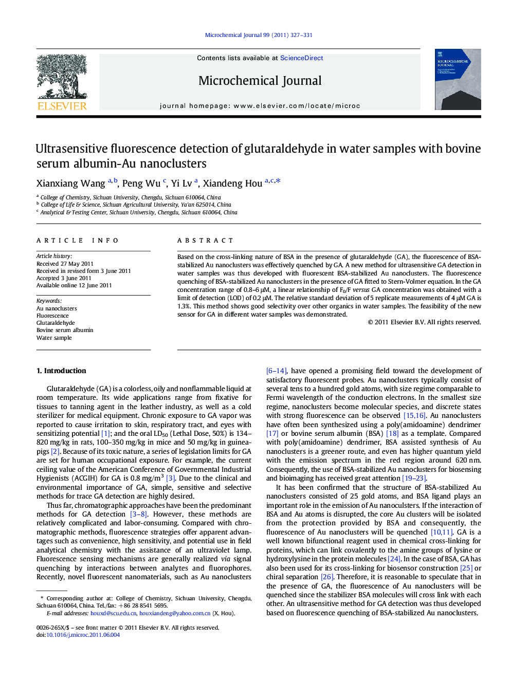 Ultrasensitive fluorescence detection of glutaraldehyde in water samples with bovine serum albumin-Au nanoclusters