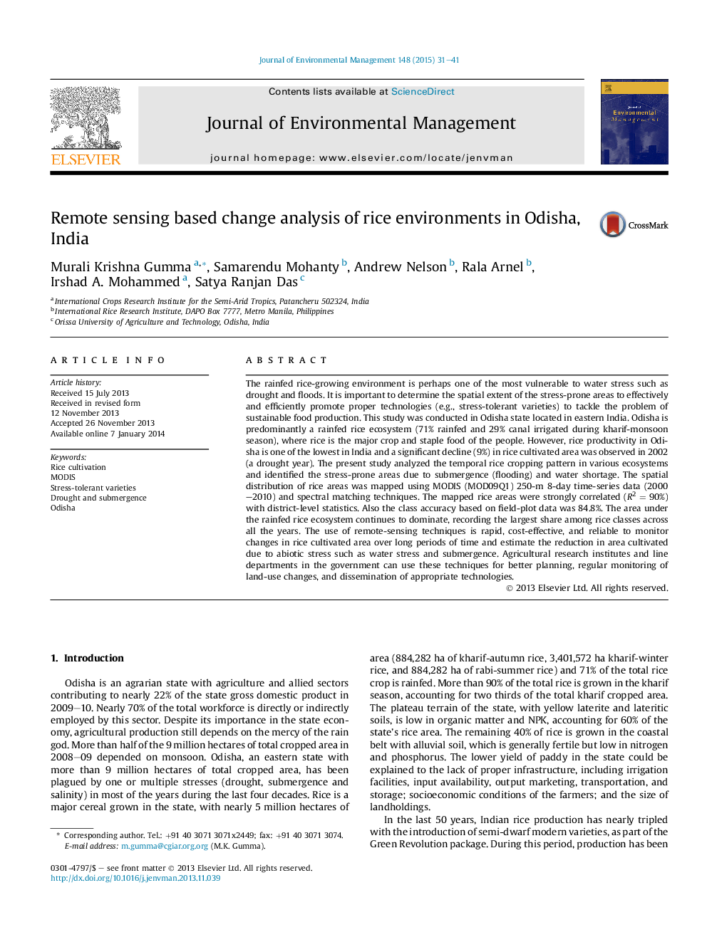 Remote sensing based change analysis of rice environments in Odisha, India