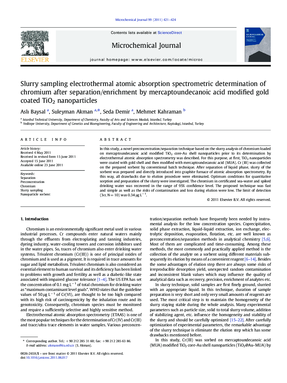 Slurry sampling electrothermal atomic absorption spectrometric determination of chromium after separation/enrichment by mercaptoundecanoic acid modified gold coated TiO2 nanoparticles