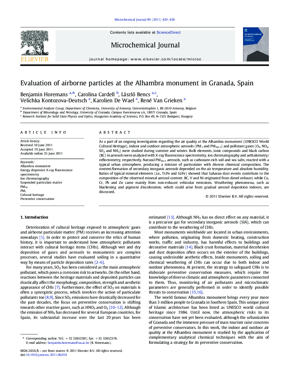 Evaluation of airborne particles at the Alhambra monument in Granada, Spain