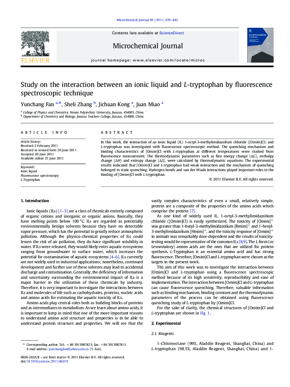 Study on the interaction between an ionic liquid and L-tryptophan by fluorescence spectroscopic technique