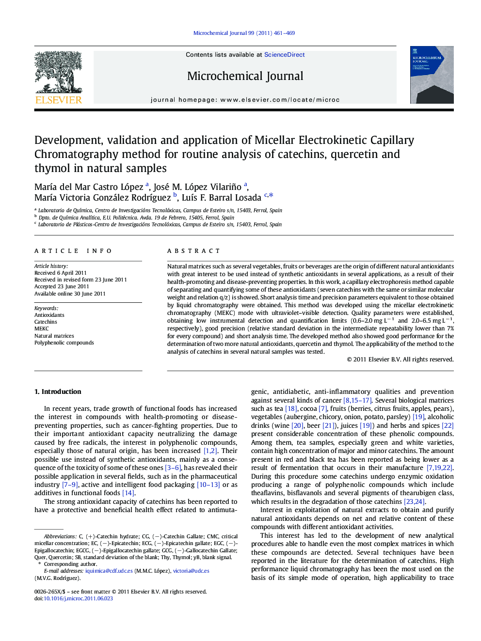 Development, validation and application of Micellar Electrokinetic Capillary Chromatography method for routine analysis of catechins, quercetin and thymol in natural samples