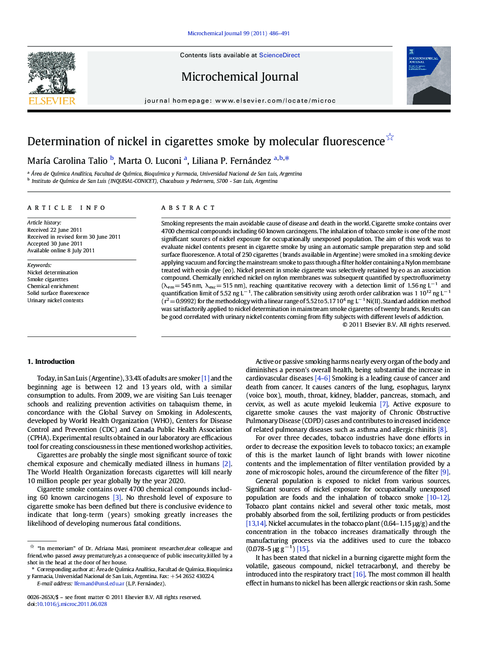 Determination of nickel in cigarettes smoke by molecular fluorescence