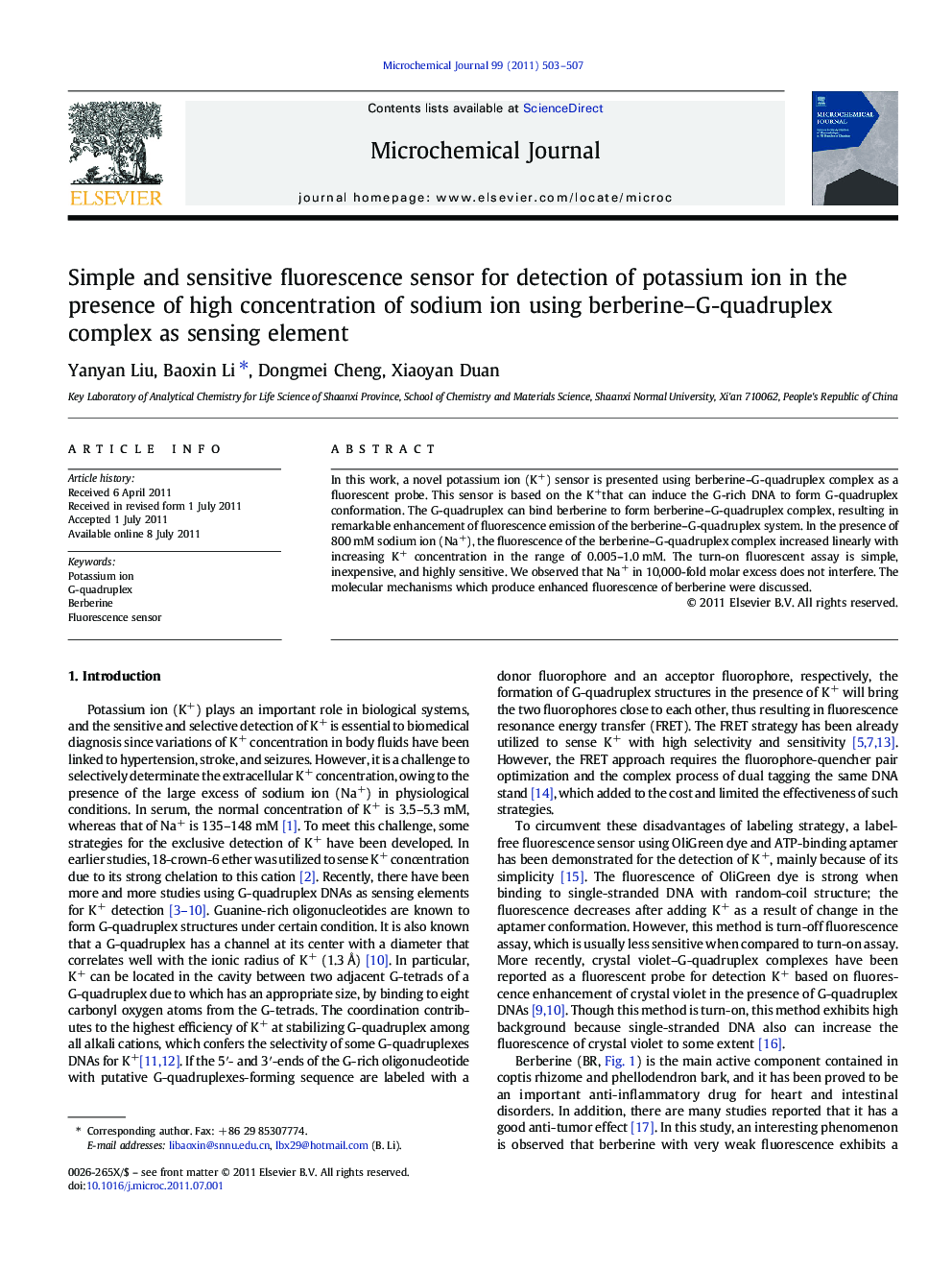 Simple and sensitive fluorescence sensor for detection of potassium ion in the presence of high concentration of sodium ion using berberine-G-quadruplex complex as sensing element