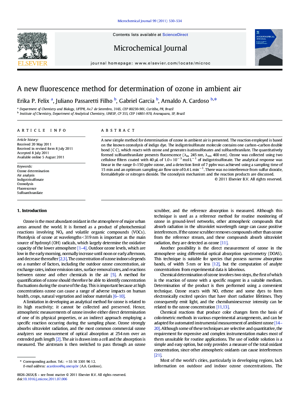 A new fluorescence method for determination of ozone in ambient air