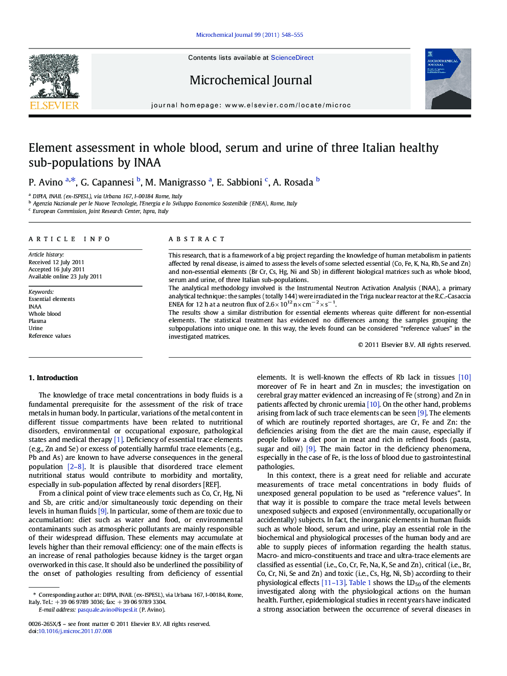 Element assessment in whole blood, serum and urine of three Italian healthy sub-populations by INAA