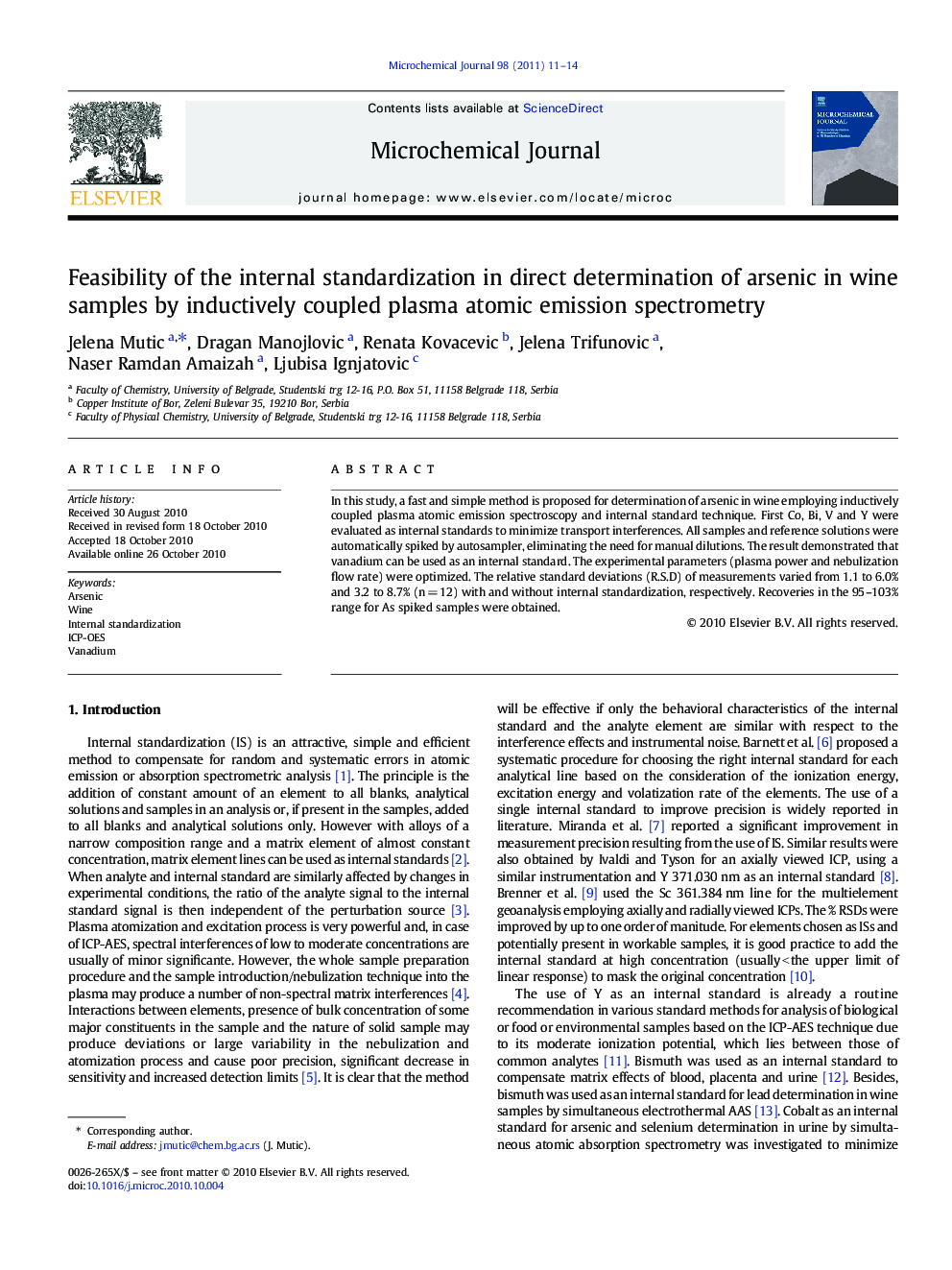 Feasibility of the internal standardization in direct determination of arsenic in wine samples by inductively coupled plasma atomic emission spectrometry