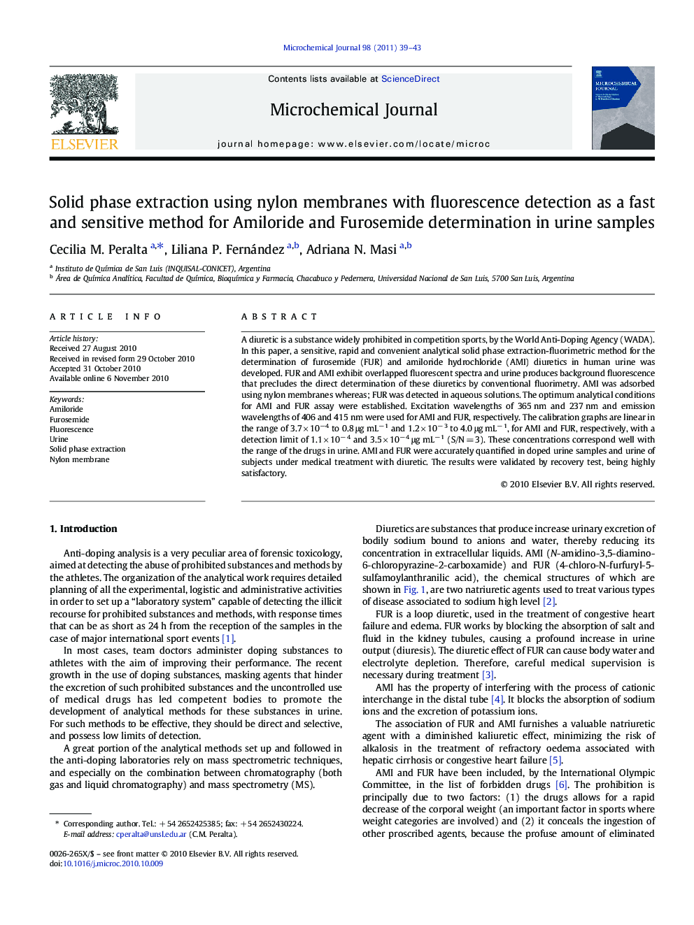 Solid phase extraction using nylon membranes with fluorescence detection as a fast and sensitive method for Amiloride and Furosemide determination in urine samples