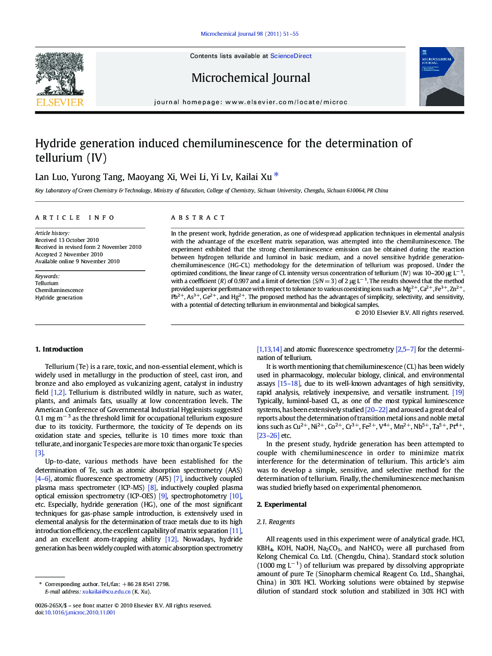 Hydride generation induced chemiluminescence for the determination of tellurium (IV)