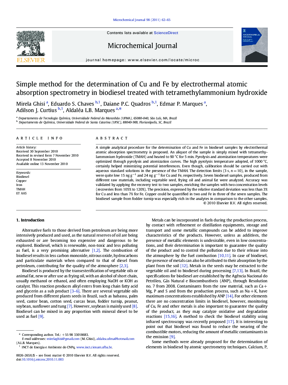 Simple method for the determination of Cu and Fe by electrothermal atomic absorption spectrometry in biodiesel treated with tetramethylammonium hydroxide