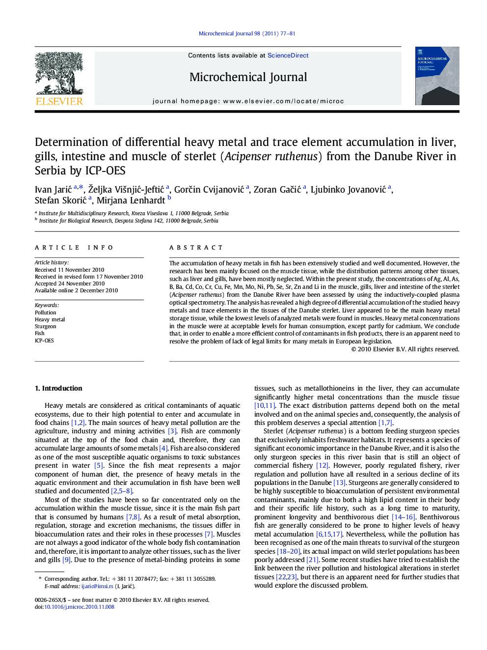 Determination of differential heavy metal and trace element accumulation in liver, gills, intestine and muscle of sterlet (Acipenser ruthenus) from the Danube River in Serbia by ICP-OES