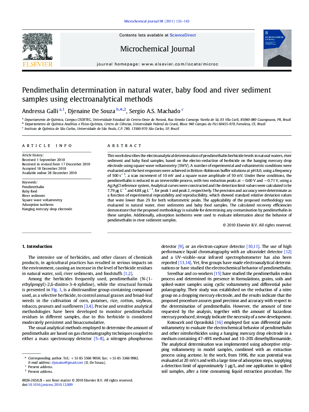 Pendimethalin determination in natural water, baby food and river sediment samples using electroanalytical methods