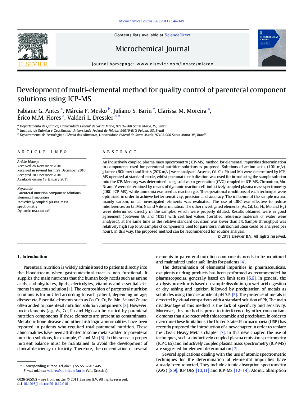 Development of multi-elemental method for quality control of parenteral component solutions using ICP-MS