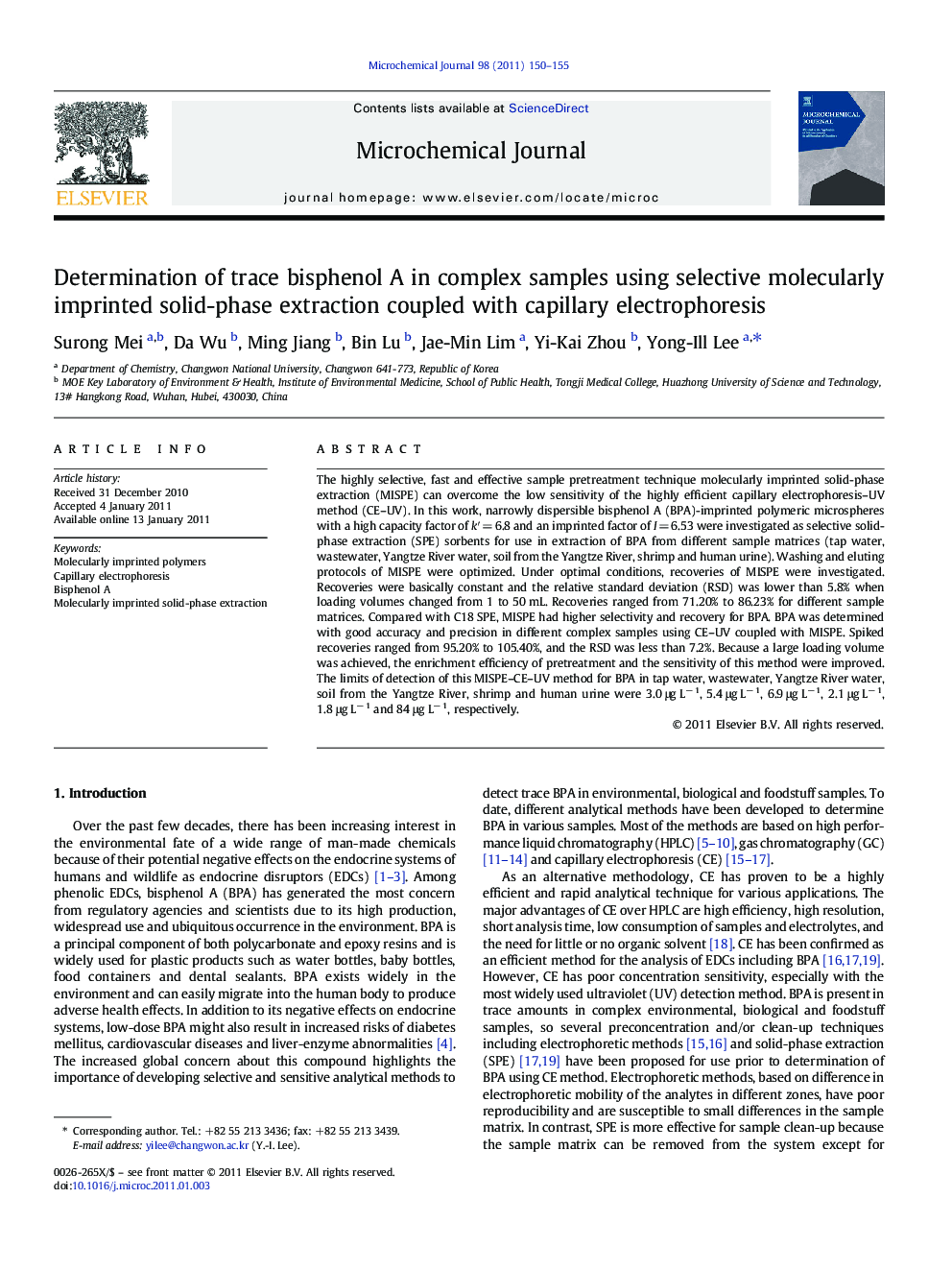 Determination of trace bisphenol A in complex samples using selective molecularly imprinted solid-phase extraction coupled with capillary electrophoresis