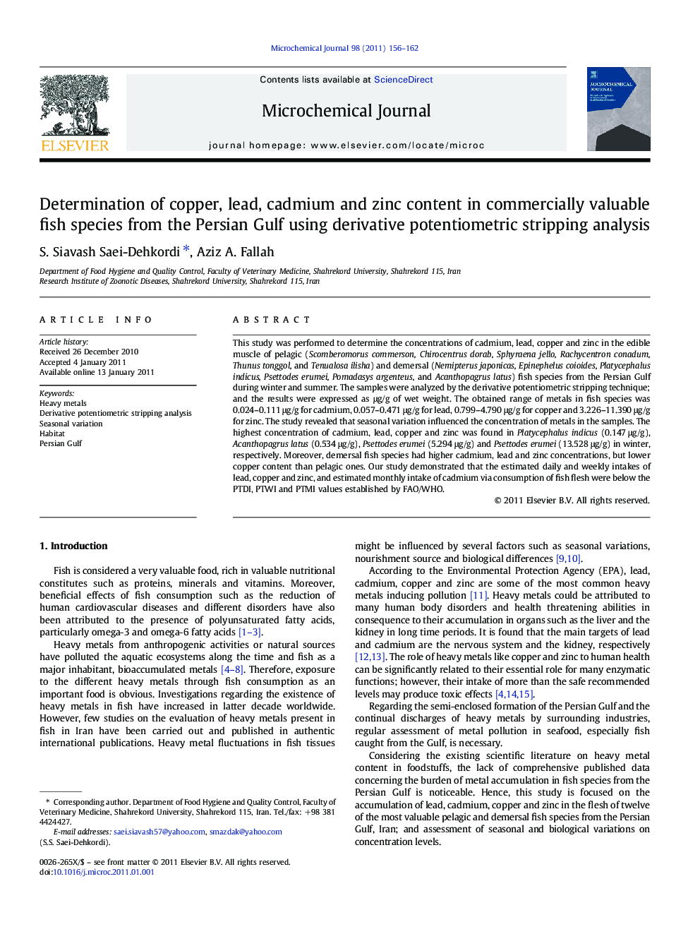 Determination of copper, lead, cadmium and zinc content in commercially valuable fish species from the Persian Gulf using derivative potentiometric stripping analysis