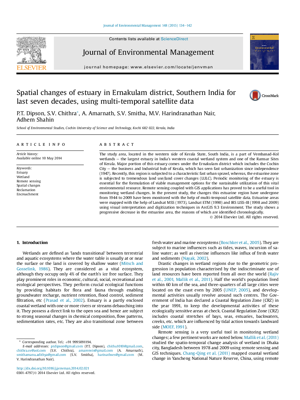 Spatial changes of estuary in Ernakulam district, Southern India for last seven decades, using multi-temporal satellite data