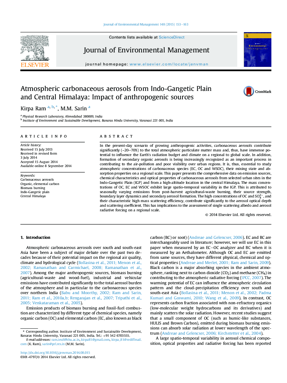 Atmospheric carbonaceous aerosols from Indo-Gangetic Plain and Central Himalaya: Impact of anthropogenic sources