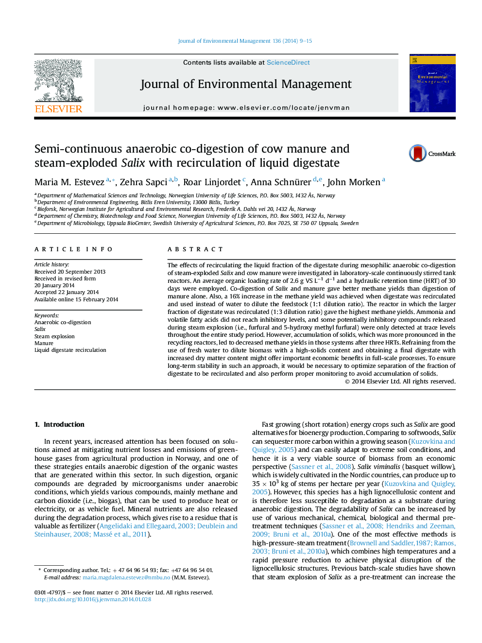 Semi-continuous anaerobic co-digestion of cow manure and steam-exploded Salix with recirculation of liquid digestate