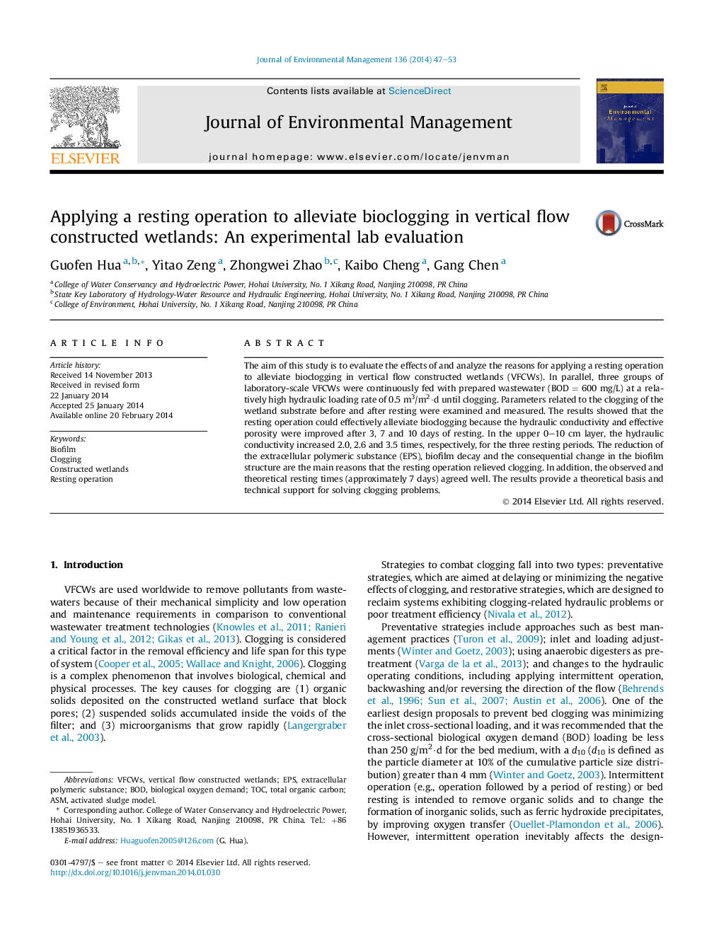 Applying a resting operation to alleviate bioclogging in vertical flow constructed wetlands: An experimental lab evaluation