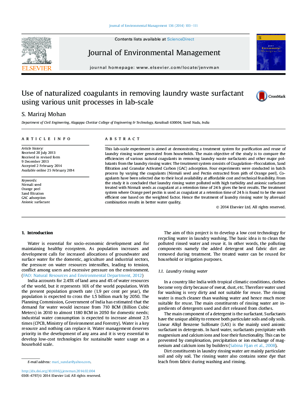 Use of naturalized coagulants in removing laundry waste surfactant using various unit processes in lab-scale