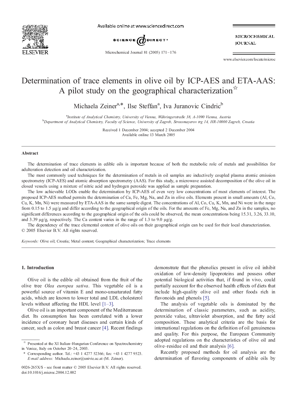 Determination of trace elements in olive oil by ICP-AES and ETA-AAS: A pilot study on the geographical characterization